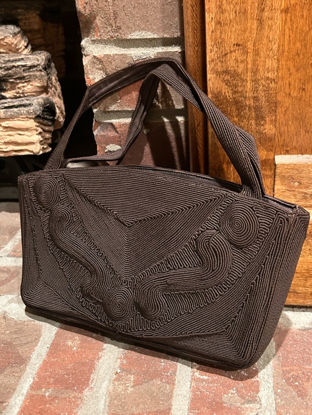 Vintage Embroidered Brown Handbag with original coin purse